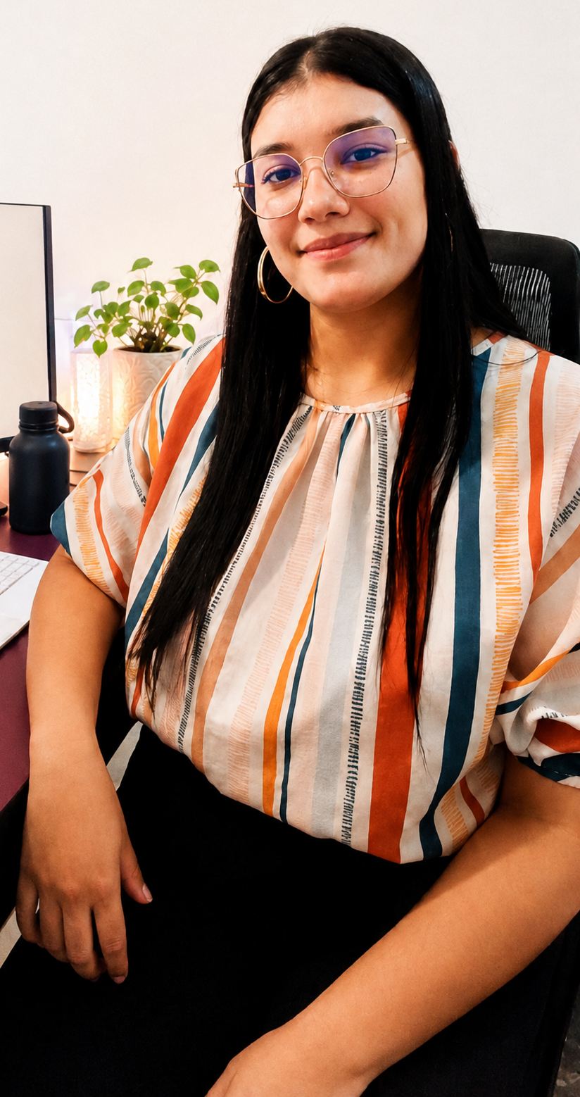 Ana Teresa Martins Santos em atendimento online, com notebook em ambiente de consultório